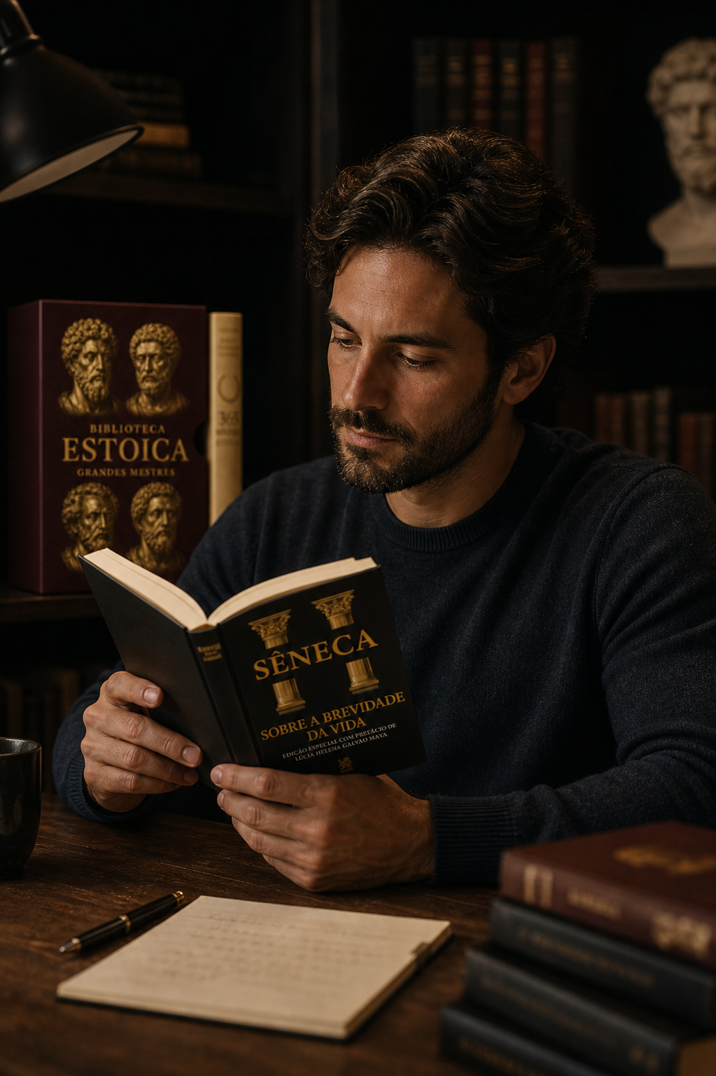 Leitor estudando Sobre a Brevidade da Vida em uma biblioteca
