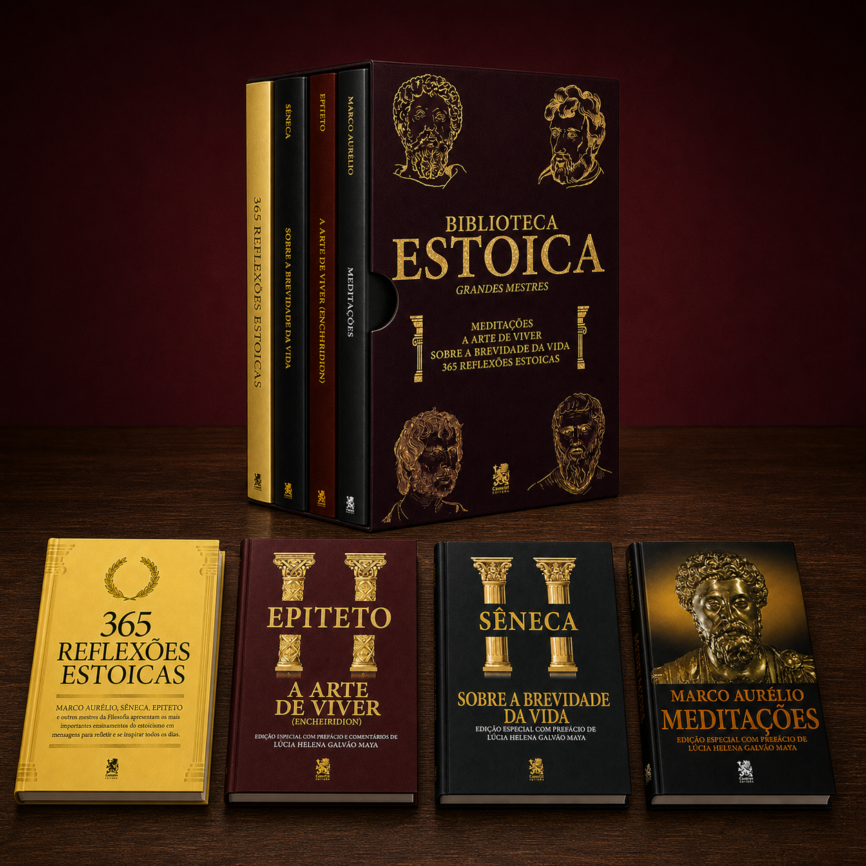 Biblioteca Estoica Grandes Mestres — composição editorial com o box e os quatro livros originais